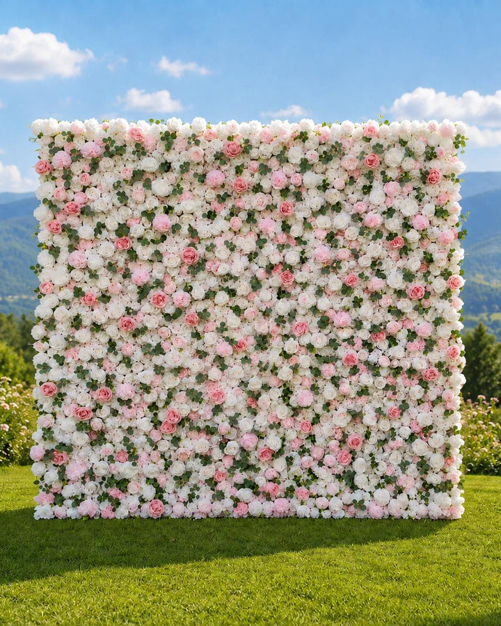 Flower Wall Backdrop [Soft Blush Eucalyptus Rose Roll-Up Fabric Panel] for Ceremony & Photo Booth