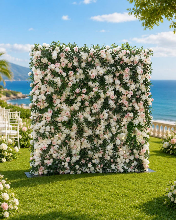 Flower Wall Backdrop [Olive Veil White Blush Rose Roll-Up Fabric Panel] for Ceremony & Photo Booth