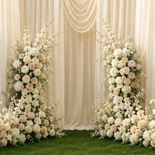 Load image into Gallery viewer, Made-to-Order Curved Wedding Backdrop with Drapery &amp; Florals [Classic Ivory, Champagne Blush Flowing Veil] Arch Alternative
