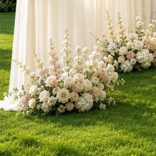 Load image into Gallery viewer, Made-to-Order Curved Wedding Backdrop with Drapery &amp; Florals [Classic Ivory, Champagne Blush Flowing Veil] Arch Alternative
