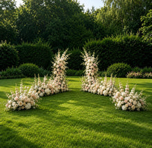 Load image into Gallery viewer, Made-to-Order Curved Wedding Backdrop with Drapery &amp; Florals [Café Neutrals Flowing Veil] Arch Alternative
