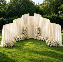 Load image into Gallery viewer, Made-to-Order Curved Wedding Backdrop with Drapery &amp; Florals [Classic Ivory, Champagne Blush Flowing Veil] Arch Alternative
