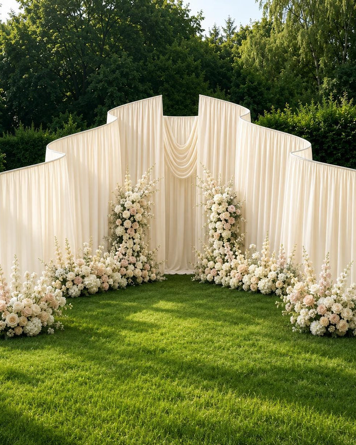 Made-to-Order Curved Wedding Backdrop with Drapery & Florals [Classic Ivory, Champagne Blush Flowing Veil] Arch Alternative