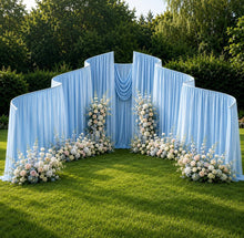 Load image into Gallery viewer, Made-to-Order Curved Wedding Backdrop with Drapery &amp; Florals [Coastal Blue Flowing Veil] Wedding Arch Alternative
