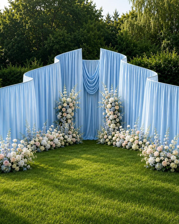 Made-to-Order Curved Wedding Backdrop with Drapery & Florals [Coastal Blue Flowing Veil] Wedding Arch Alternative