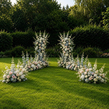 Load image into Gallery viewer, Made-to-Order Curved Wedding Backdrop with Drapery &amp; Florals [Coastal Blue Flowing Veil] Wedding Arch Alternative

