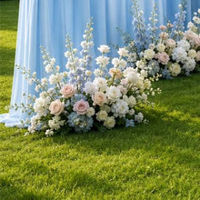 Load image into Gallery viewer, Made-to-Order Curved Wedding Backdrop with Drapery &amp; Florals [Coastal Blue Flowing Veil] Wedding Arch Alternative
