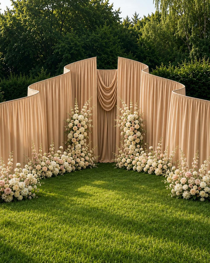 Made-to-Order Curved Wedding Backdrop with Drapery & Florals [Café Neutrals Flowing Veil] Arch Alternative