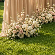 Load image into Gallery viewer, Made-to-Order Curved Wedding Backdrop with Drapery &amp; Florals [Café Neutrals Flowing Veil] Arch Alternative
