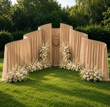 Load image into Gallery viewer, Made-to-Order Curved Wedding Backdrop with Drapery &amp; Florals [Café Neutrals Flowing Veil] Arch Alternative
