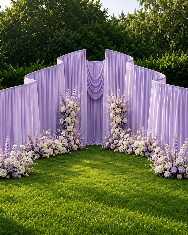 Made-to-Order Curved Wedding Backdrop with Drapery & Florals [Regal Purple Flowing Veil] Wedding Arch Alternative
