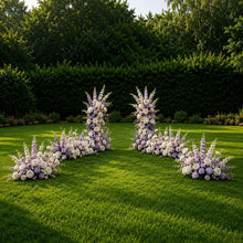 Load image into Gallery viewer, Made-to-Order Curved Wedding Backdrop with Drapery &amp; Florals [Regal Purple Flowing Veil] Wedding Arch Alternative
