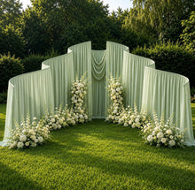 Load image into Gallery viewer, Made-to-Order Curved Wedding Backdrop with Drapery &amp; Florals [Botanical Green Flowing Veil] Wedding Arch Alternative
