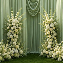 Load image into Gallery viewer, Made-to-Order Curved Wedding Backdrop with Drapery &amp; Florals [Botanical Green Flowing Veil] Wedding Arch Alternative
