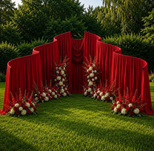 Load image into Gallery viewer, Made-to-Order Curved Wedding Backdrop with Drapery &amp; Florals [Crimson Romance Flowing Veil] Wedding Arch Alternative
