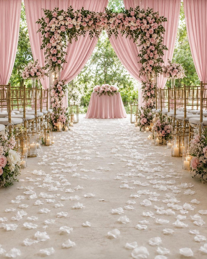 Made-to-Order Wedding Backdrop with Drapery, Floral Arch, Aisle Flowers and Altar Decor [Romantic Pink Garden Veil Collection]