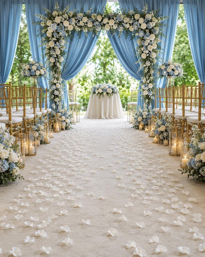 Made-to-Order Wedding Backdrop with Drapery, Floral Arch, Aisle Flowers and Altar Decor [Blue Harmony Garden Veil Collection]