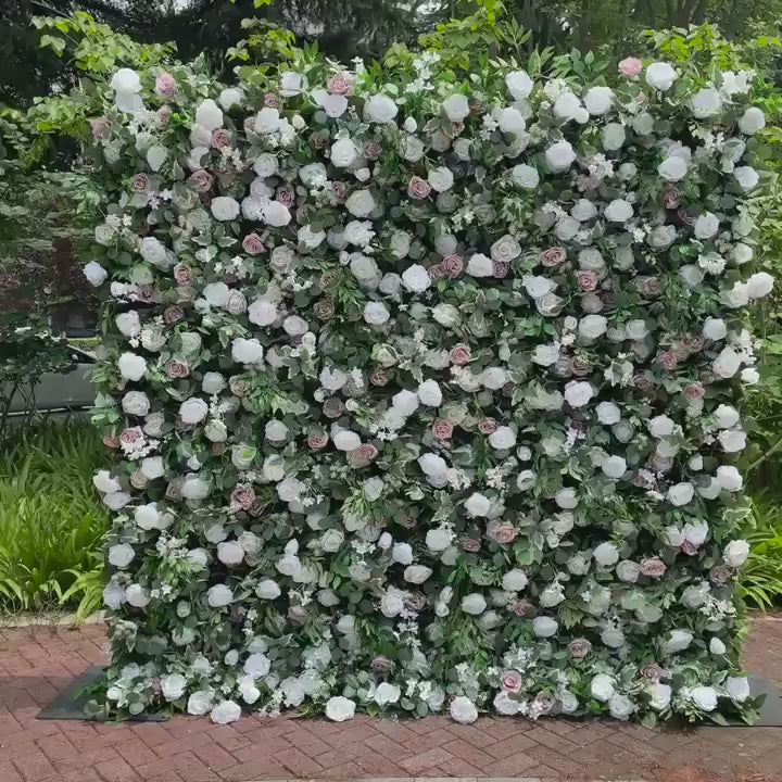 Flower Wall Backdrop [Silver Eucalyptus Ivory Blush Rose Roll-Up Fabric Panel] for Ceremony & Photo Booth