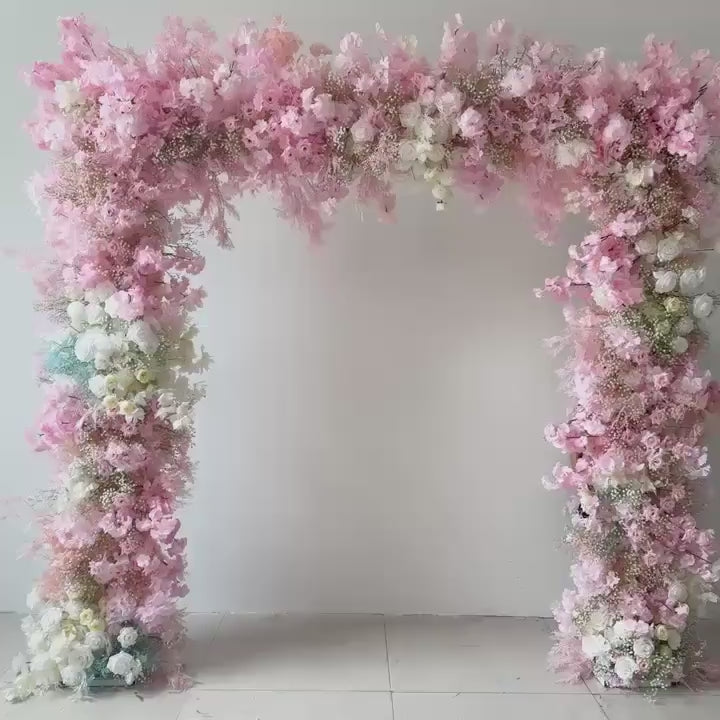 8x8 ft Fabric Roll-up  Wedding Arch Backdrop [Blush Cloudscape White Rose Floral Arch Frame] for Ceremony, Photo Booth & Floral