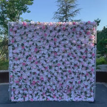 Load and play video in Gallery viewer, Flower Wall Backdrop [Soft Blush Eucalyptus Rose Roll-Up Fabric Panel] for Ceremony &amp; Photo Booth
