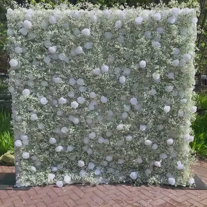 Flower Wall Backdrop [Pearl Mist White Rose Baby’s Breath Roll-Up Fabric Panel] for Ceremony & Photo Booth
