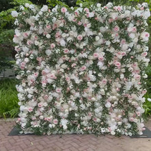 Load and play video in Gallery viewer, Flower Wall Backdrop [Olive Veil White Blush Rose Roll-Up Fabric Panel] for Ceremony &amp; Photo Booth
