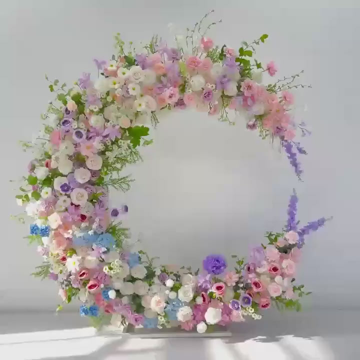 Wedding Arch Backdrop [Moonlit Garden Pastel Floral Crescent Arch Frame] for Ceremony, Photo Booth , 6x6 ft