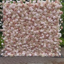 Load and play video in Gallery viewer, Flower Wall Backdrop [Champagne Rose Dusty Blush Roll-Up Fabric Panel] for Ceremony &amp; Photo Booth
