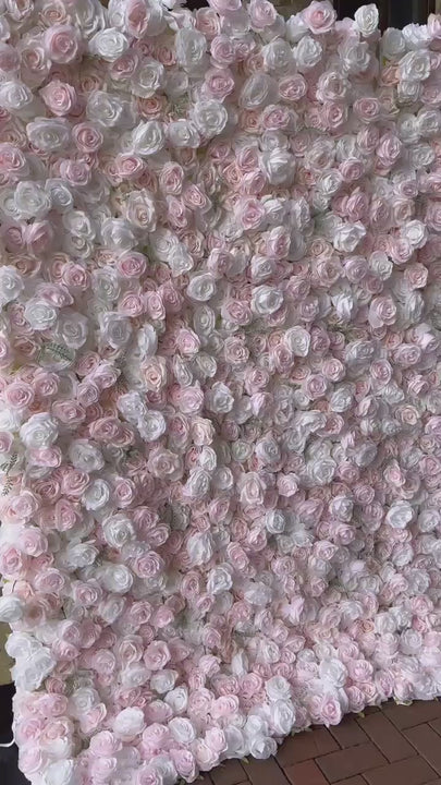 Flower Wall Backdrop [Whisper Blush White Rose Roll-Up Fabric Panel] for Ceremony & Photo Booth