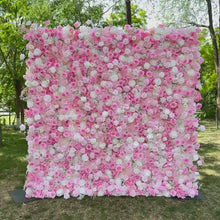 Load and play video in Gallery viewer, Flower Wall Backdrop [Rosy Cloud Pink Rose Baby’s Breath Roll-Up Fabric Panel] for Ceremony &amp; Photo Booth
