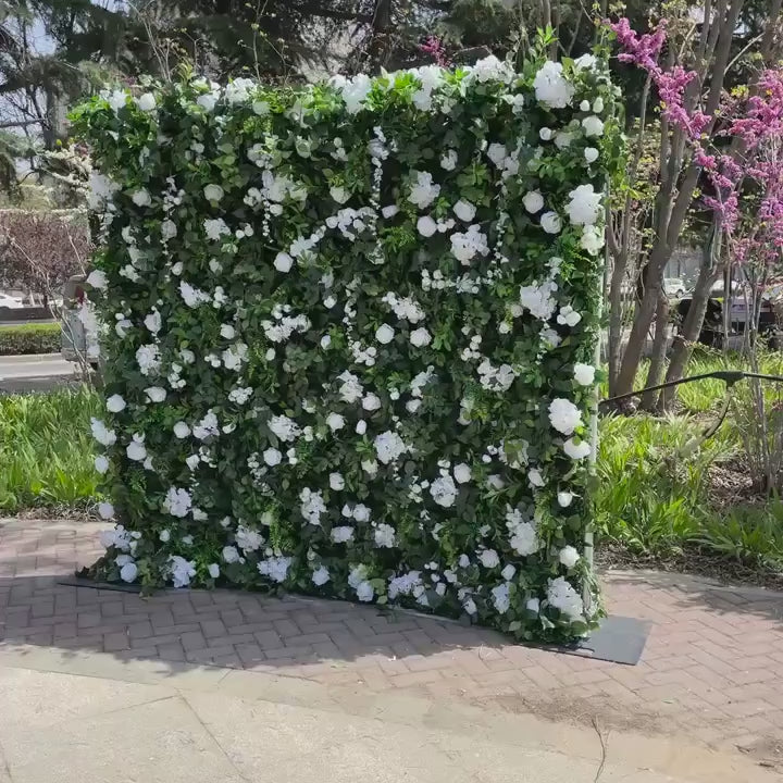 Flower Wall Backdrop [Verdant White Rose Greenery Roll-Up Fabric Panel] for Ceremony & Photo Booth