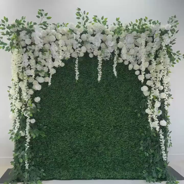 8x8 ft Flower Wall Backdrop [Evergreen Boxwood Ivory Blossom Floral Frame Roll-Up Fabric Panel] for Ceremony & Photo Booth
