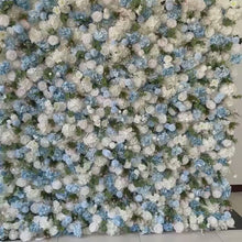 Load and play video in Gallery viewer, Flower Wall Backdrop [Coastal Breeze Blue Hydrangea White Rose Roll-Up Fabric Panel] for Ceremony &amp; Photo Booth
