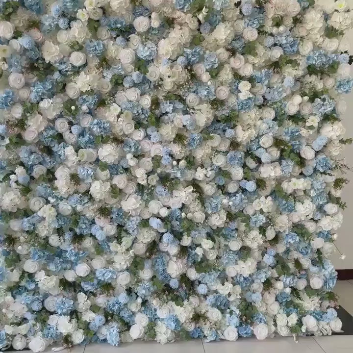 Flower Wall Backdrop [Coastal Breeze Blue Hydrangea White Rose Roll-Up Fabric Panel] for Ceremony & Photo Booth