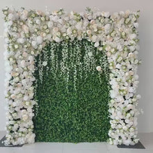 Load and play video in Gallery viewer, Flower Wall Backdrop [Ivory Garden Arch Boxwood Greenery Roll-Up Fabric Panel] for Ceremony &amp; Photo Booth N8839
