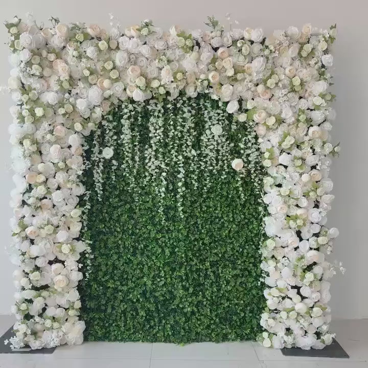 Flower Wall Backdrop [Ivory Garden Arch Boxwood Greenery Roll-Up Fabric Panel] for Ceremony & Photo Booth N8839