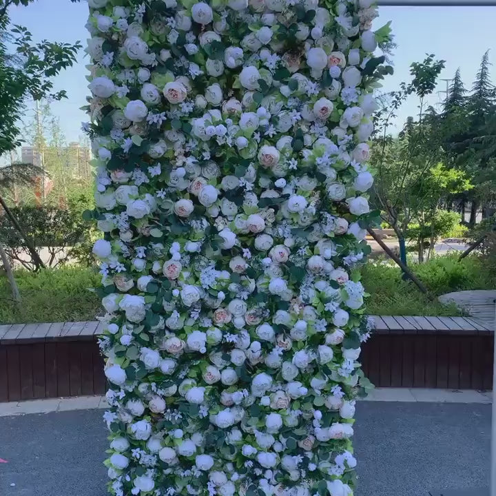 Flower Wall Backdrop [Sage Grove Ivory Rose Greenery Roll-Up Fabric Panel] for Ceremony & Photo Booth