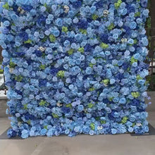 Load and play video in Gallery viewer, Flower Wall Backdrop [Sapphire Bloom Hydrangea Rose Roll-Up Fabric Panel] for Ceremony &amp; Photo Booth

