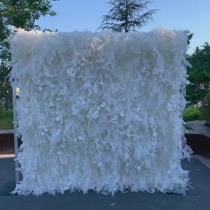 Flower Wall Backdrop [Snowveil All-White Plume Foliage Roll-Up Fabric Panel] for Ceremony & Photo Booth