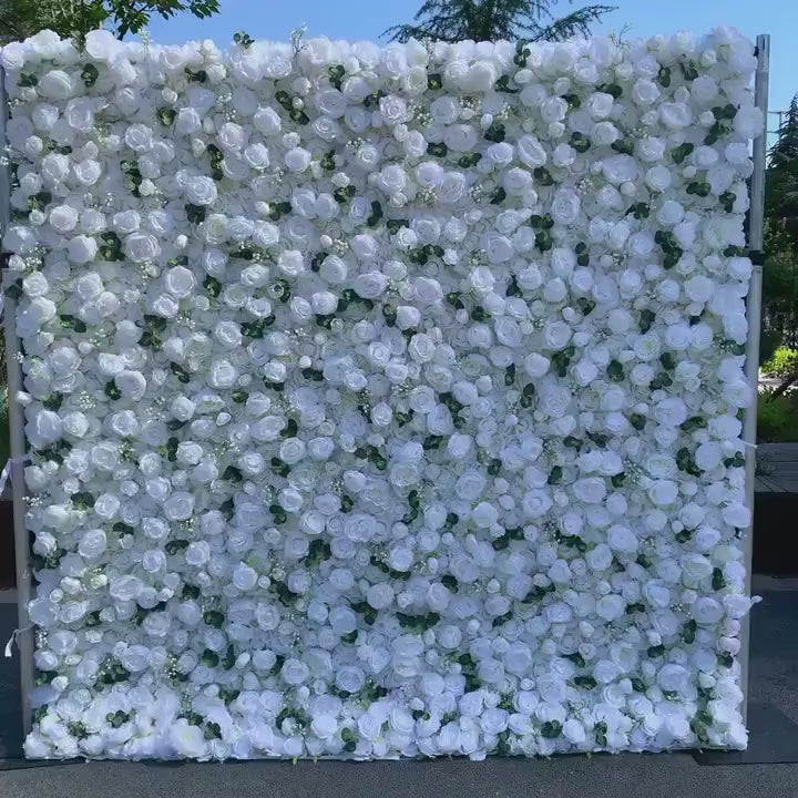 Flower Wall Backdrop [Ivory Greenleaf White Rose Baby’s Breath Roll-Up Fabric Panel] for Ceremony & Photo Booth