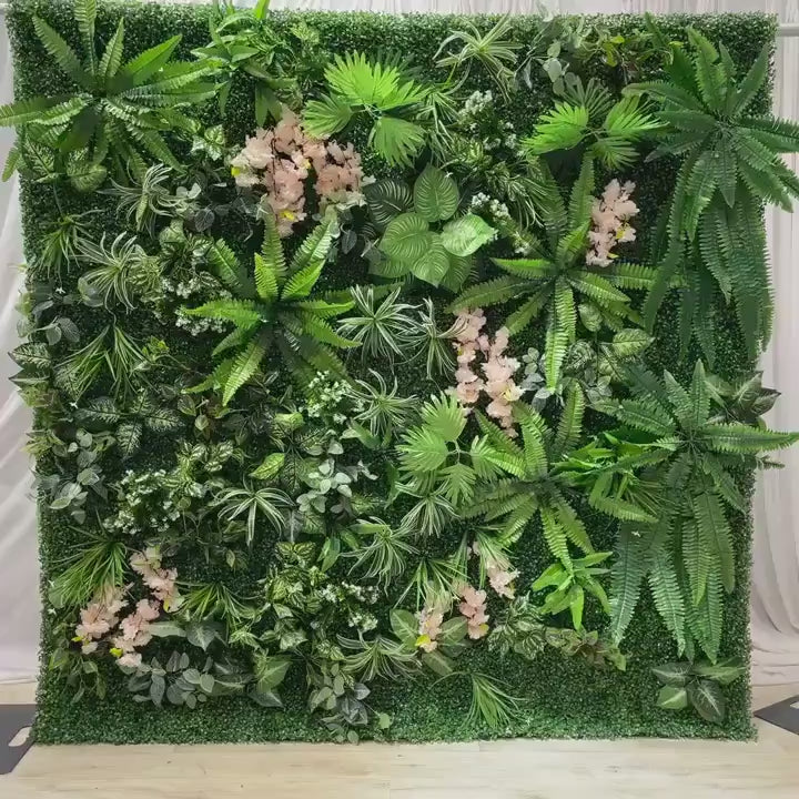 Flower Wall Backdrop [Tropical Fern Boxwood Greenery Roll-Up Fabric Panel] for Ceremony & Photo Booth