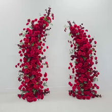 Load and play video in Gallery viewer, Flower Wall Backdrop [Crimson Romance Red Rose Pillar Pair] for Ceremony &amp; Photo Booth
