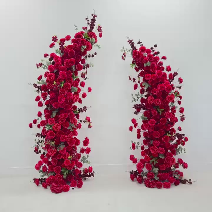 Flower Wall Backdrop [Crimson Romance Red Rose Pillar Pair] for Ceremony & Photo Booth