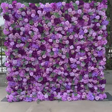Load and play video in Gallery viewer, Flower Wall Backdrop [Violet Hydrangea Rose Roll-Up Fabric Panel] for Ceremony &amp; Photo Booth
