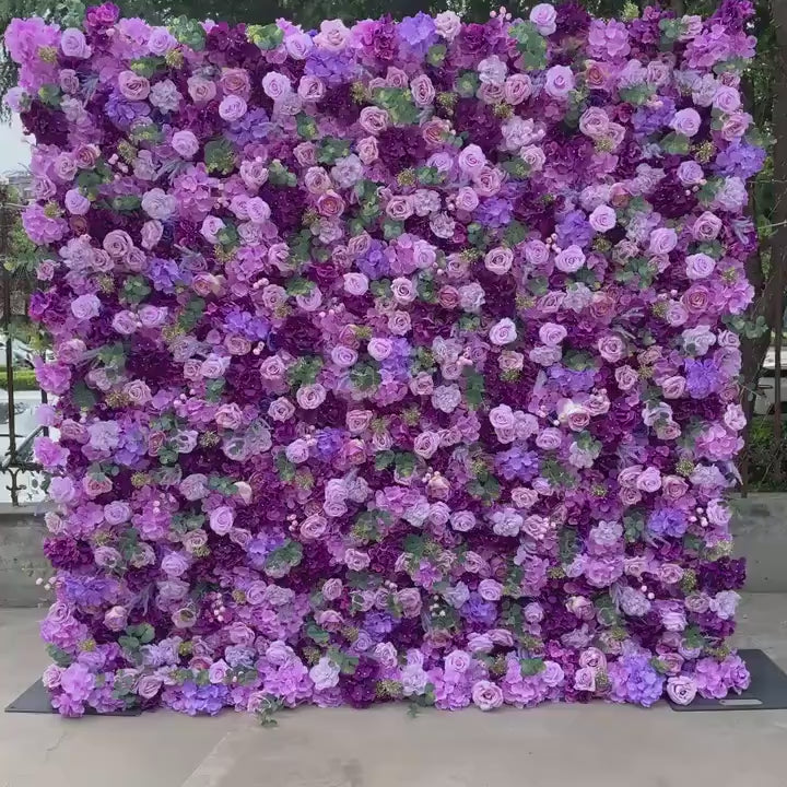 Flower Wall Backdrop [Violet Hydrangea Rose Roll-Up Fabric Panel] for Ceremony & Photo Booth