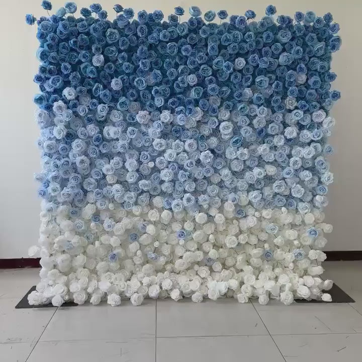 Dual-Sided Flower Wall Backdrop [Azure Tide Blue Rose Ombre Roll-Up Fabric Panel] for Ceremony & Photo Booth