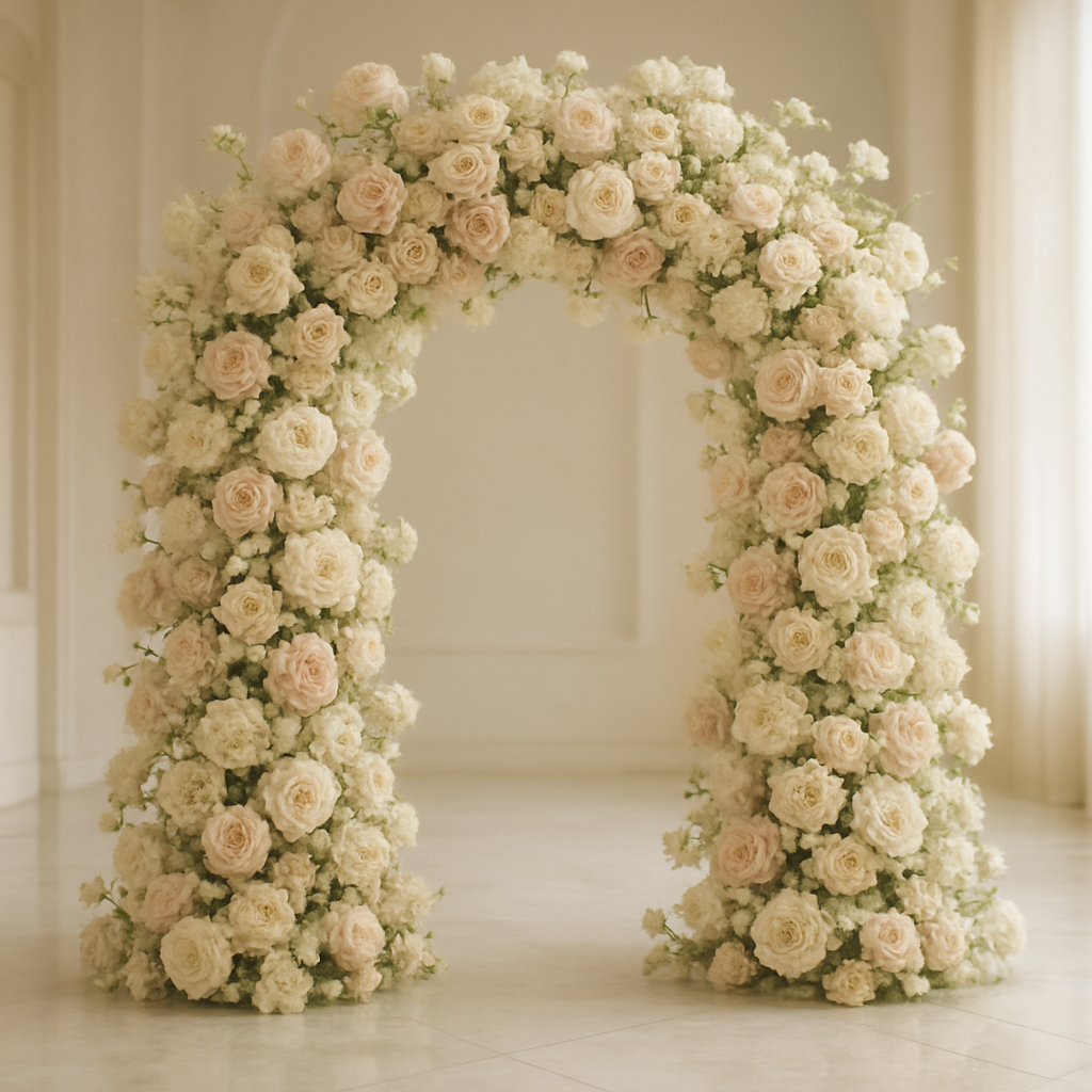 A grand floral ceremony arch dressed in ivory and blush blooms
