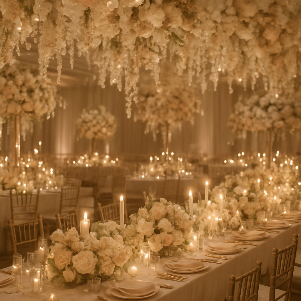 A luxurious wedding reception adorned with floral installations